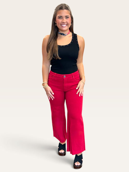 Kut From the Kloth Meg high rise Fab AB wide leg jeans in ruby red with raw hem