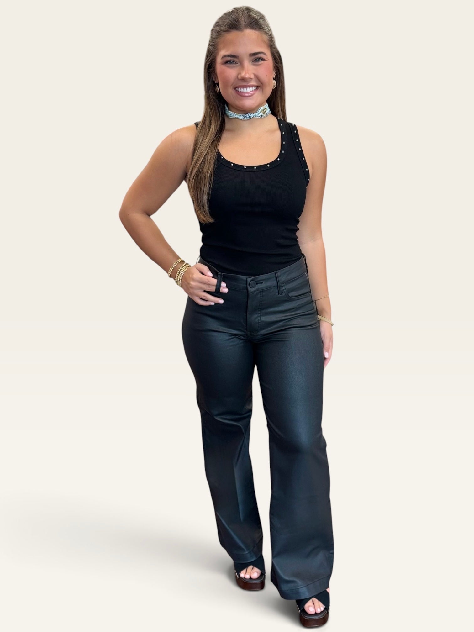 Meg High Rise Fab AB Wide Leg Jeans in Matte Black | KFTK Wide Hem