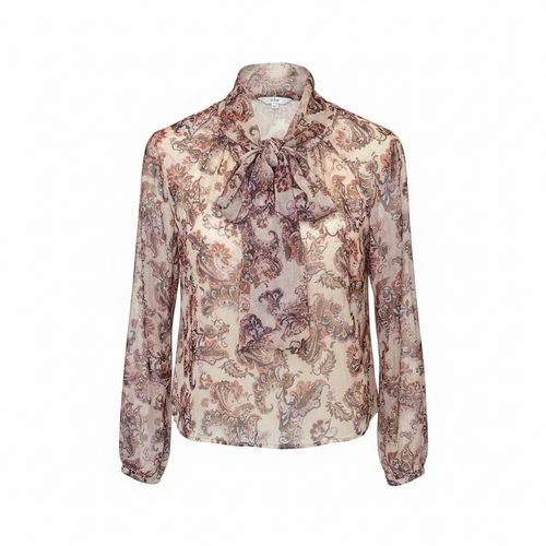 Dusty pink paisley print blouse with high neckline self-tie bow and voluminous raglan sleeves