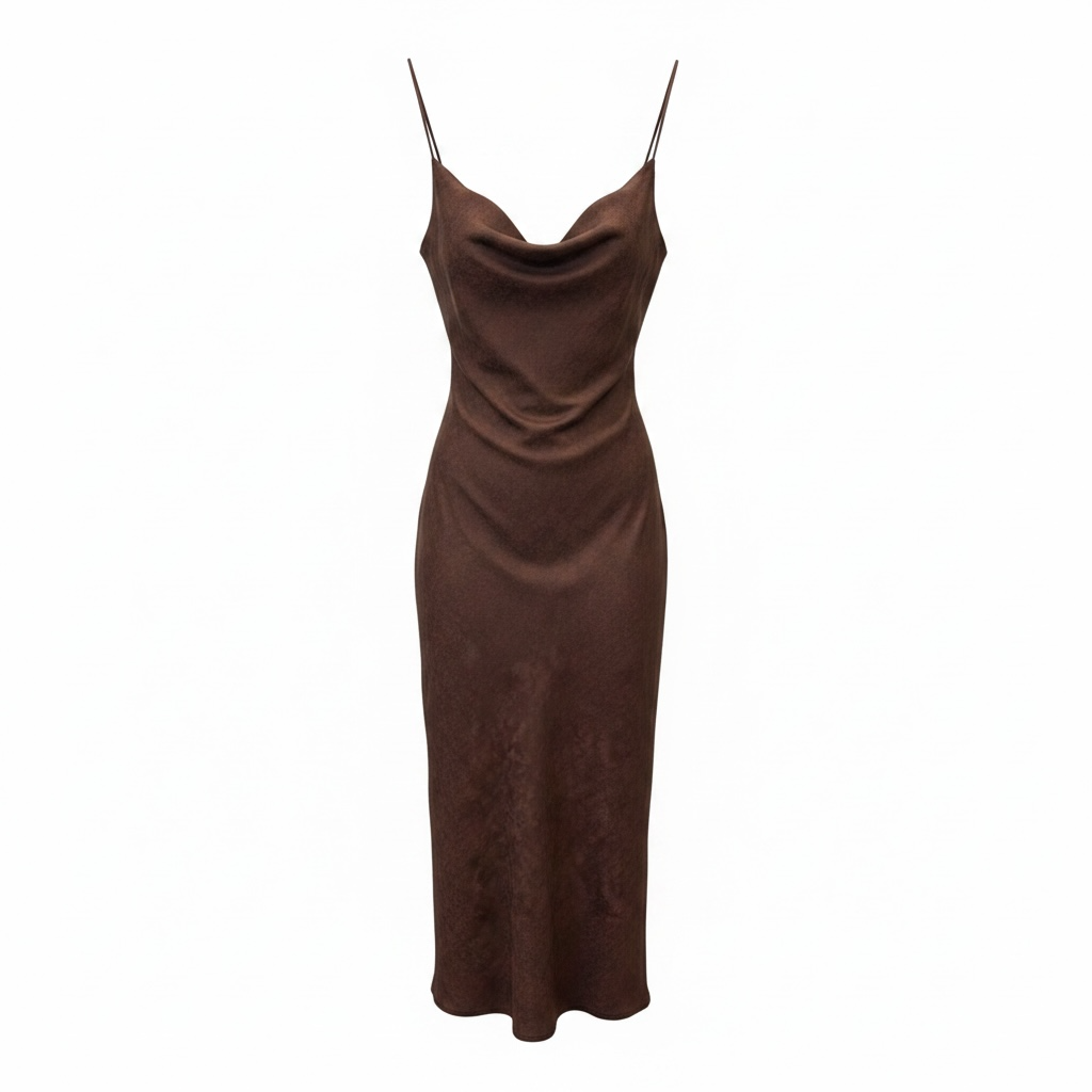 Burgundy slip midi dress with cowl neckline and thin adjustable spaghetti straps