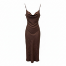 Burgundy slip midi dress with cowl neckline and thin adjustable spaghetti straps