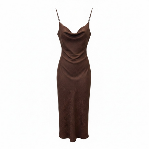 Burgundy slip midi dress with cowl neckline and thin adjustable spaghetti straps