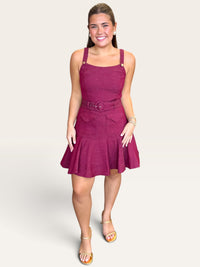 Berry Topstitched Denim Effect Mini Dress | Drop Waist Belted Dress