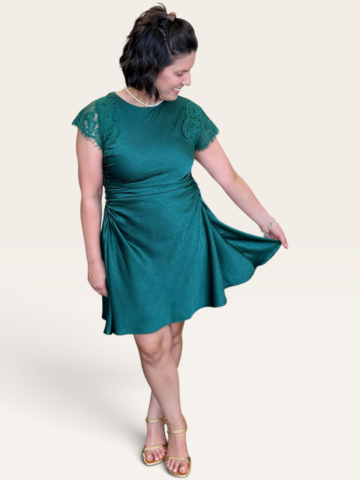 Teal Ruched Mini Dress with Lace Detail | Asymmetric Hem Cocktail Dress