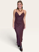 Burgundy slip midi dress with cowl neckline and thin adjustable spaghetti straps