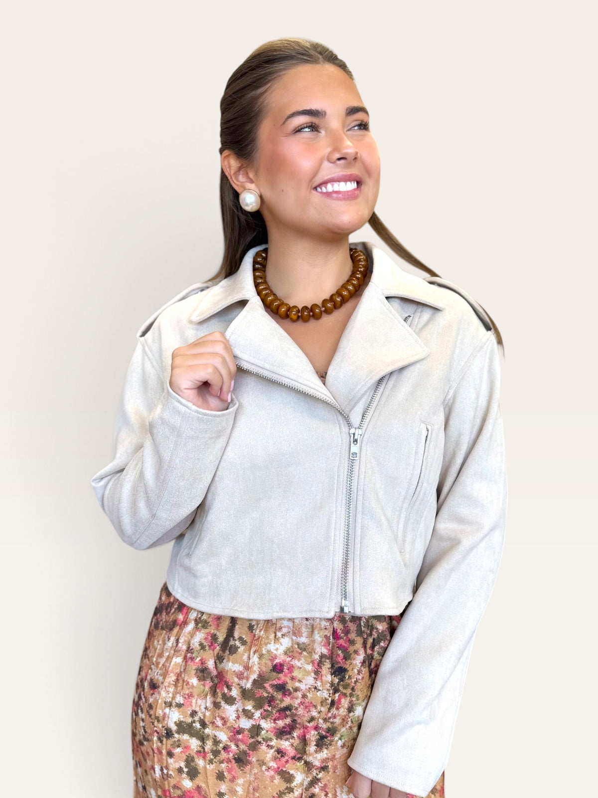 Faux Suede Moto Jacket | Light Beige Belted Layering Jacket