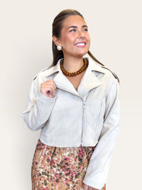 Faux Suede Moto Jacket | Light Beige Belted Layering Jacket