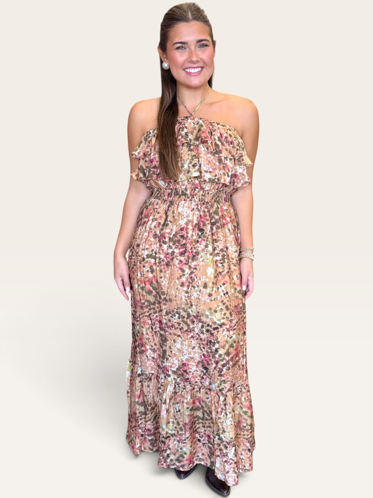 Abstract Halter Ruffle Bodice Smocked Waist Midi Dress | Convertible Neckline
