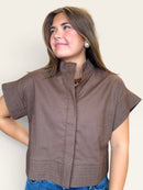 Linen Blend Short Sleeve Button Down Top