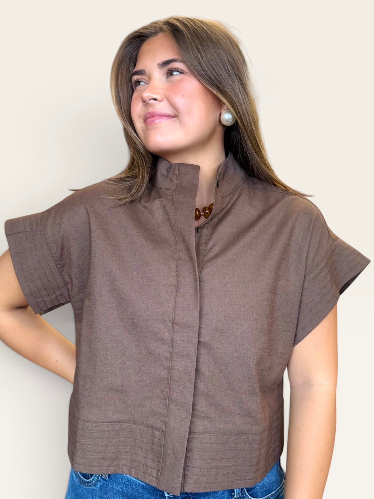 Linen Blend Short Sleeve Button Down Top