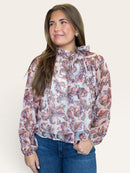 Dusty pink paisley print blouse with high neckline self-tie bow and voluminous raglan sleeves