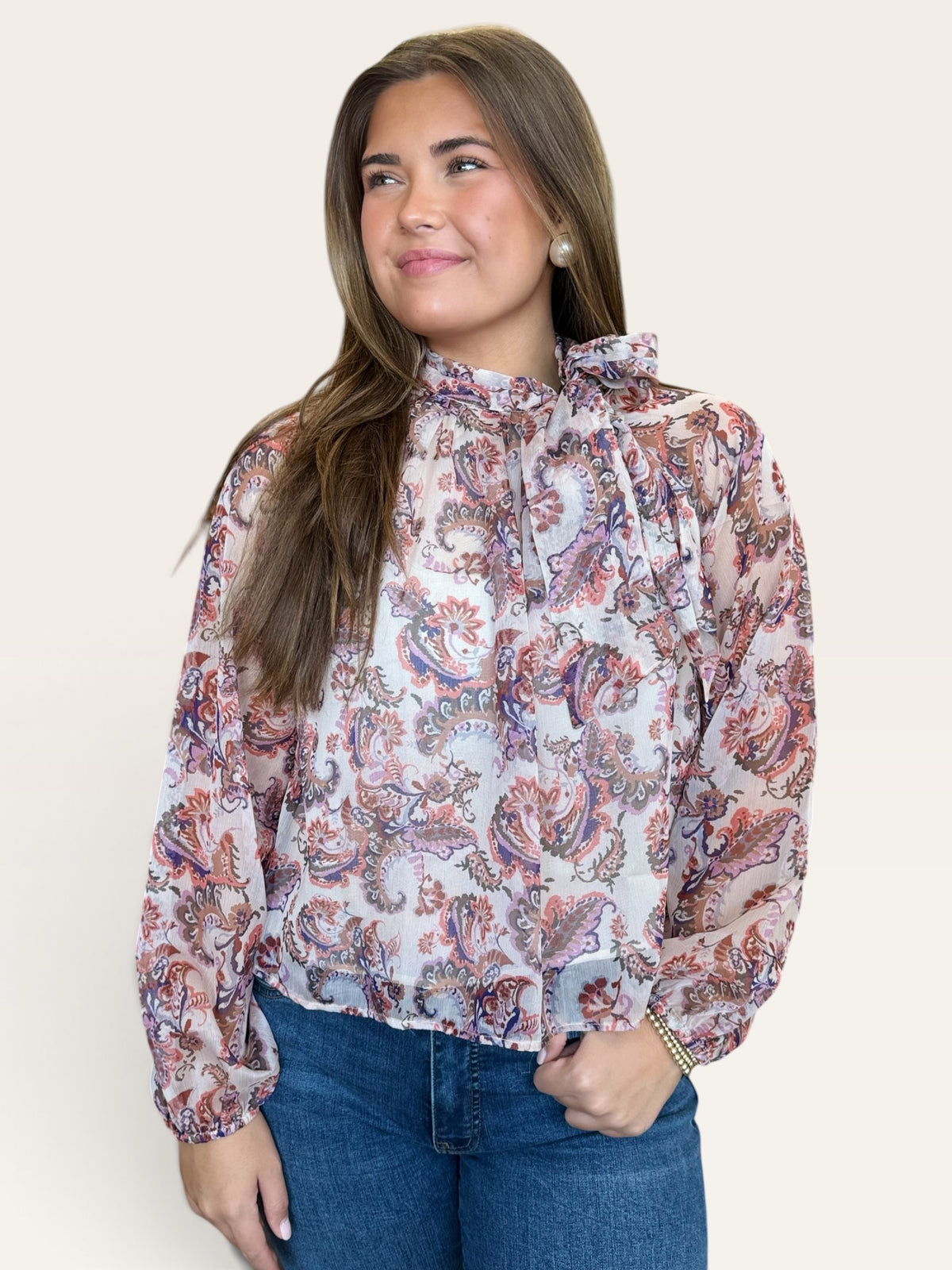 Paisley Neck Tie Top | Dusty Pink Blouse