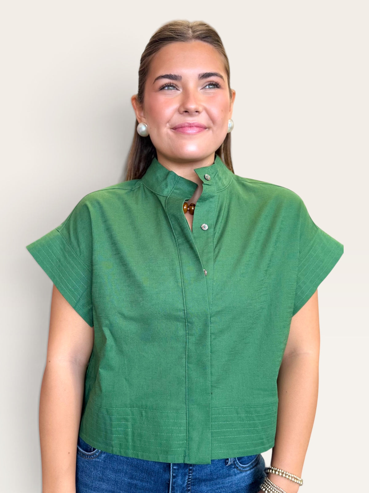 Linen Blend Short Sleeve Button Down Top