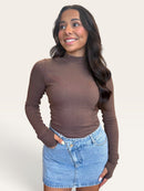 Ronan Mock Neck Ribbed Long Sleeve Top in Brown | Fitted Layering Top