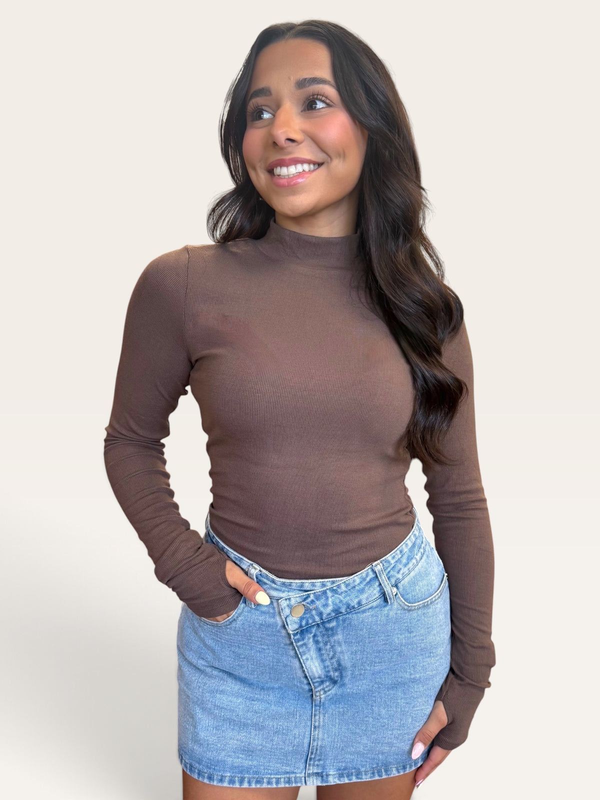 Ronan Mock Neck Ribbed Long Sleeve Top in Brown | Fitted Layering Top