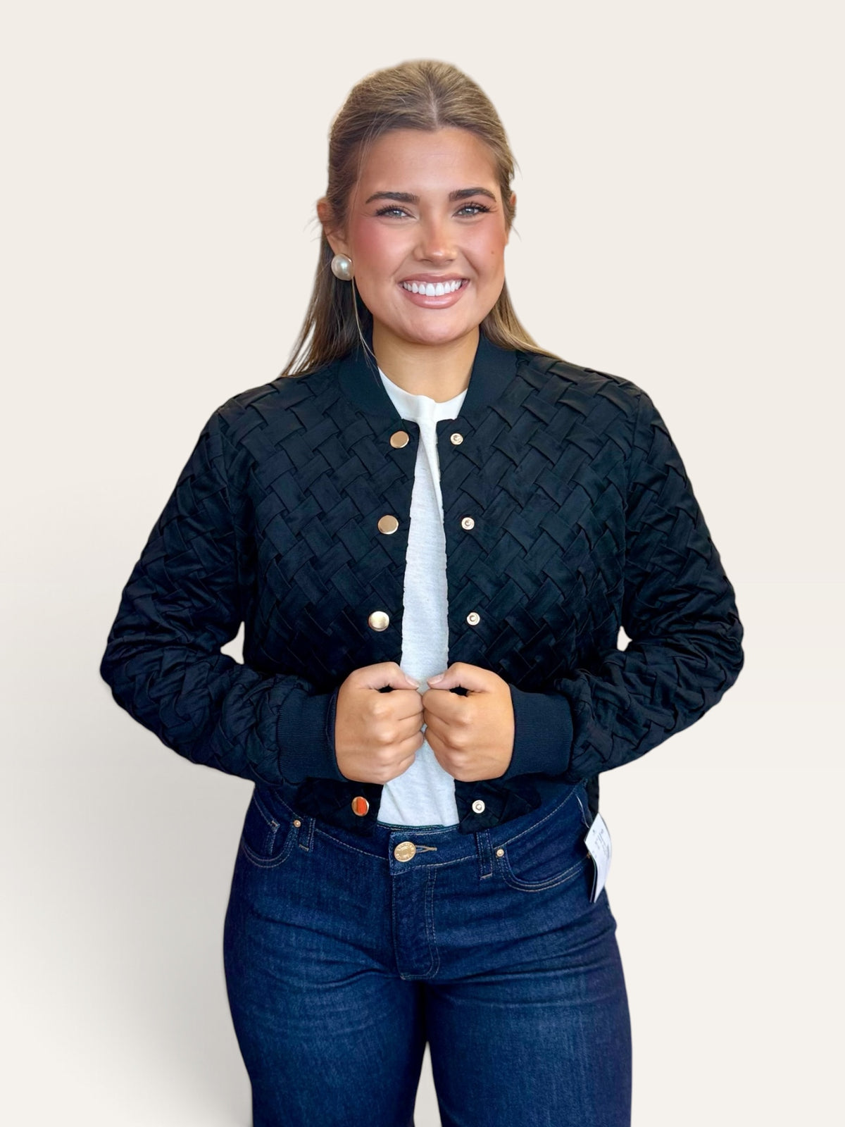 Black Faux Suede Braided Bomber Jacket | Cropped Woven Snap Front Jacket