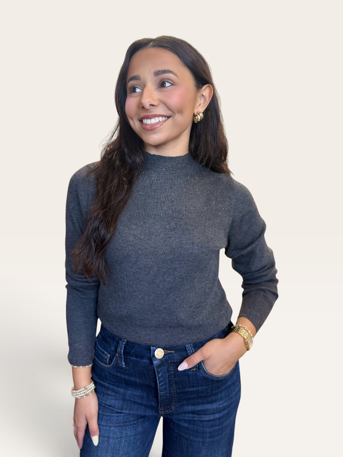 Long Sleeve Knit Top With Rhinestone Detail