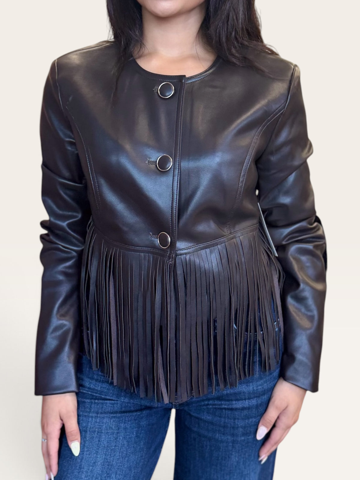 Dark Brown Vegan Leather Fringe Jacket | Cropped Western Button Front