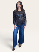 Dark Brown Vegan Leather Fringe Jacket | Cropped Western Button Front