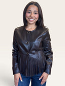 Dark Brown Vegan Leather Fringe Jacket | Cropped Western Button Front