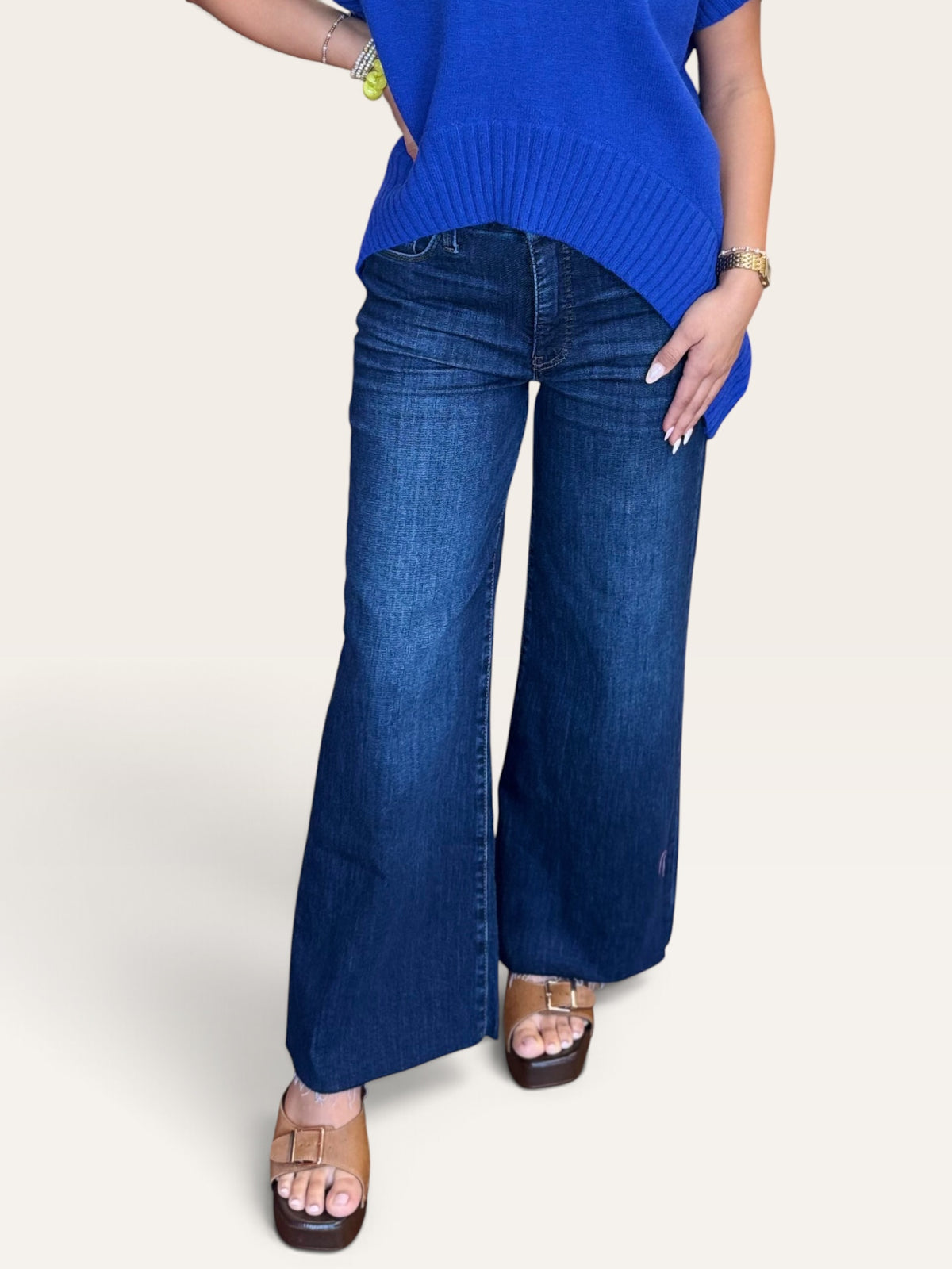 Meg High Rise Fab AB Wide Leg Jeans in Innoxious | KFTK Dark Wash Raw Hem