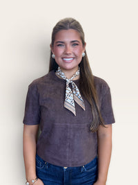 Coffee Faux Suede Boxy Cropped Top | Short Sleeve Crew Neck Tee