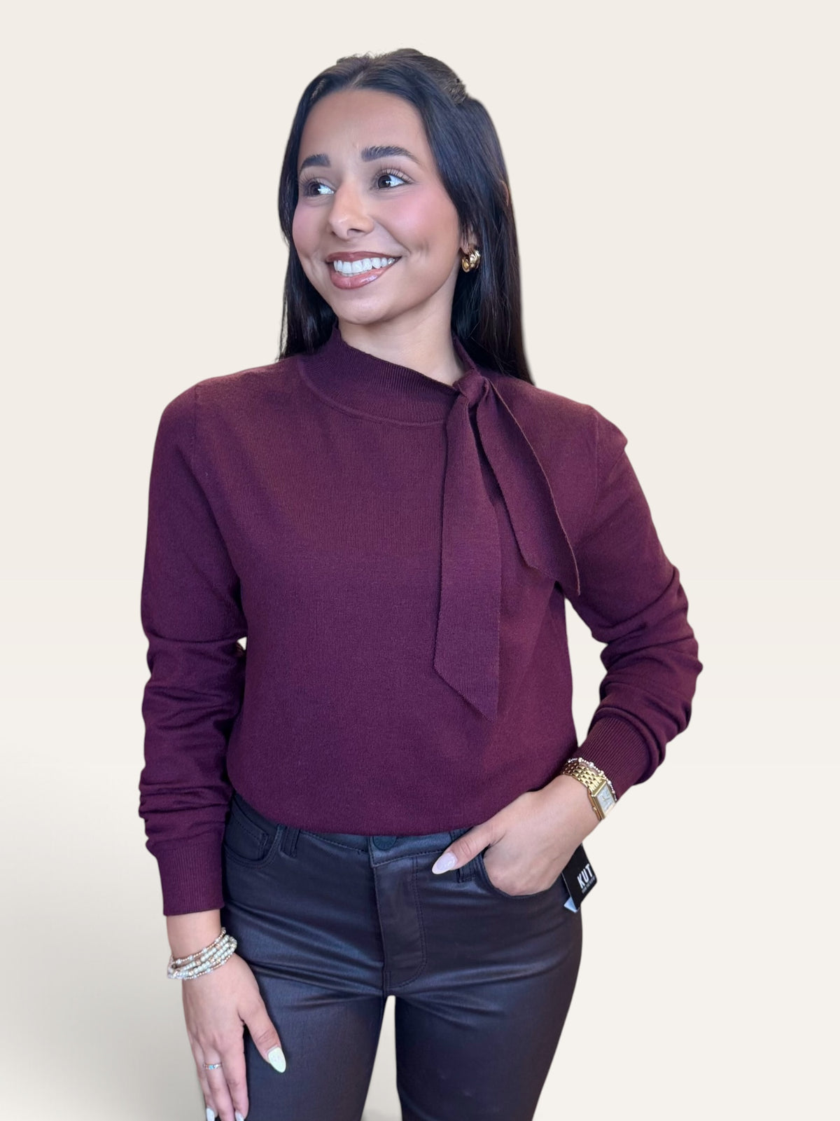 Fine Knit Sweater with Bow Shoulder Detail | Molly Bracken | Black or Burgundy
