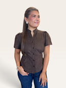 Coffee Faux Suede Corset Waist Top | Flutter Sleeve Mandarin Collar Blouse