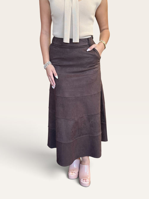 Coffee Faux Suede Tiered Midi Skirt | High Waist A-Line Skirt