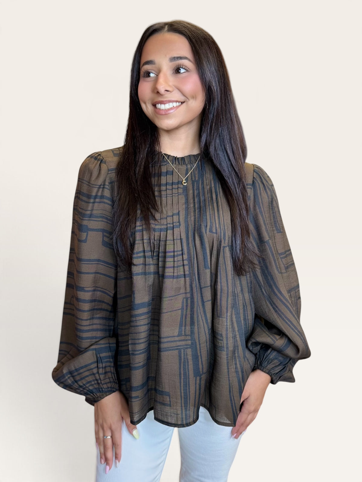 THML oversized plaid pleated long sleeve top