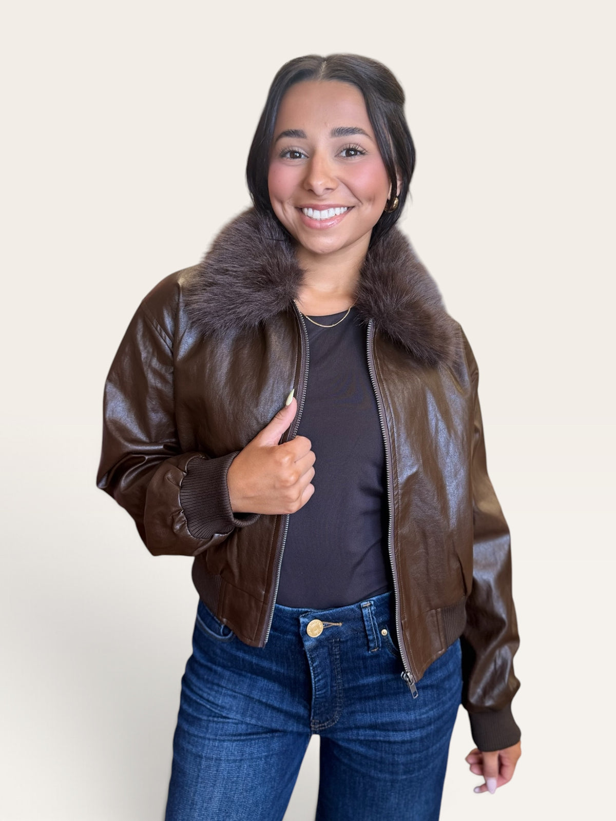 Chocolate Faux Leather Bomber Jacket | Detachable Fur Collar