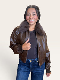 Chocolate Faux Leather Bomber Jacket | Detachable Fur Collar