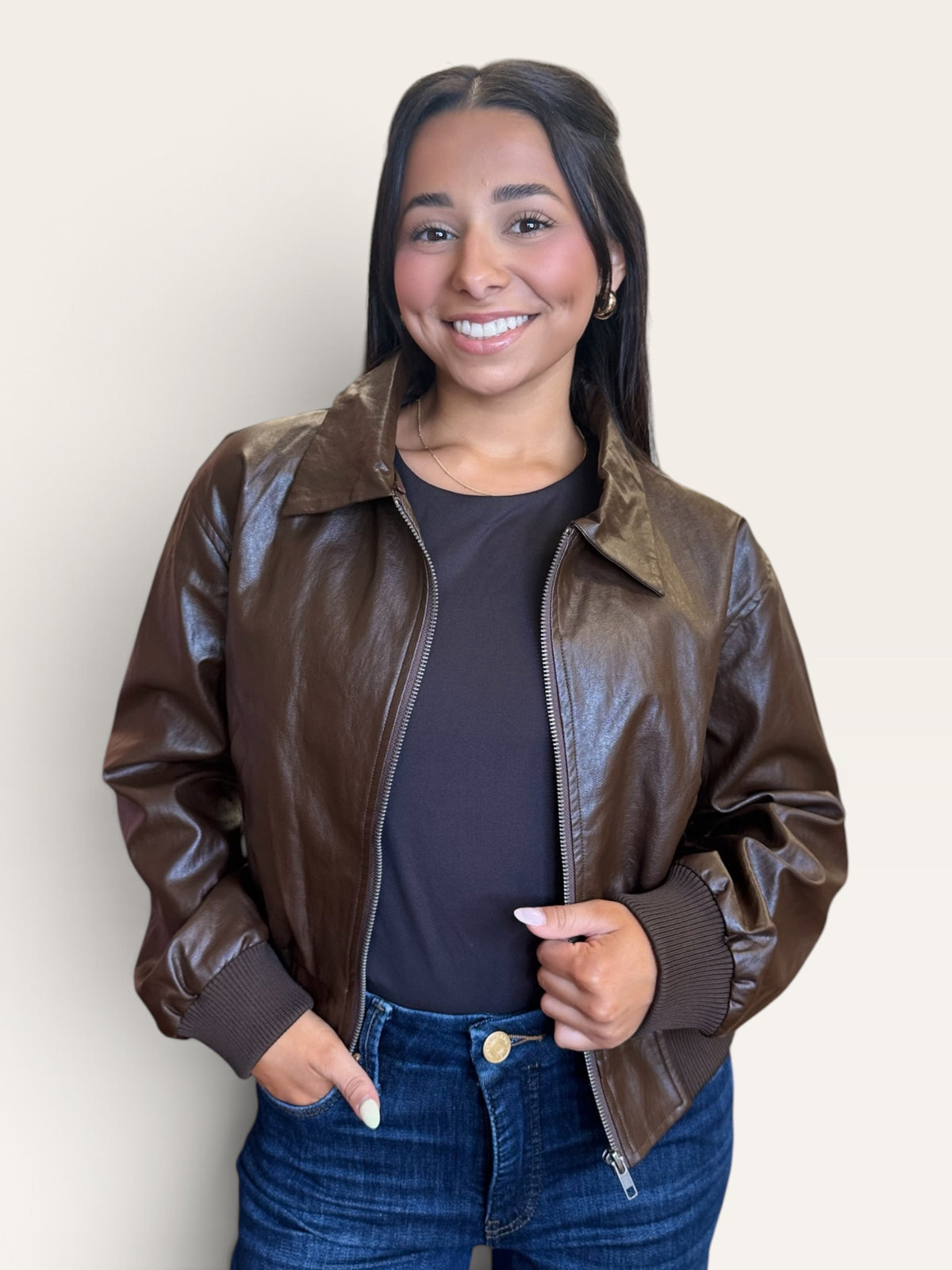 Chocolate Faux Leather Bomber Jacket | Detachable Fur Collar