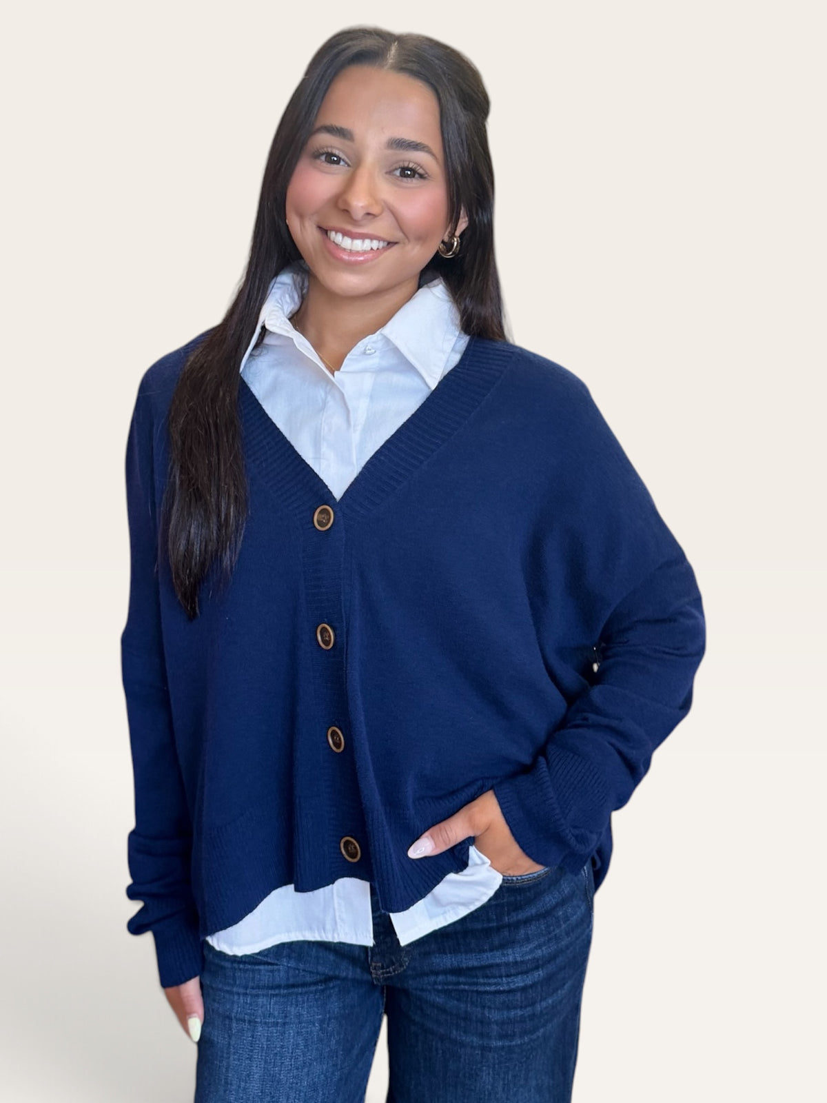 Wagner Oversized V-Neck Cardigan in Navy | Kerisma Hi-Lo Button Down