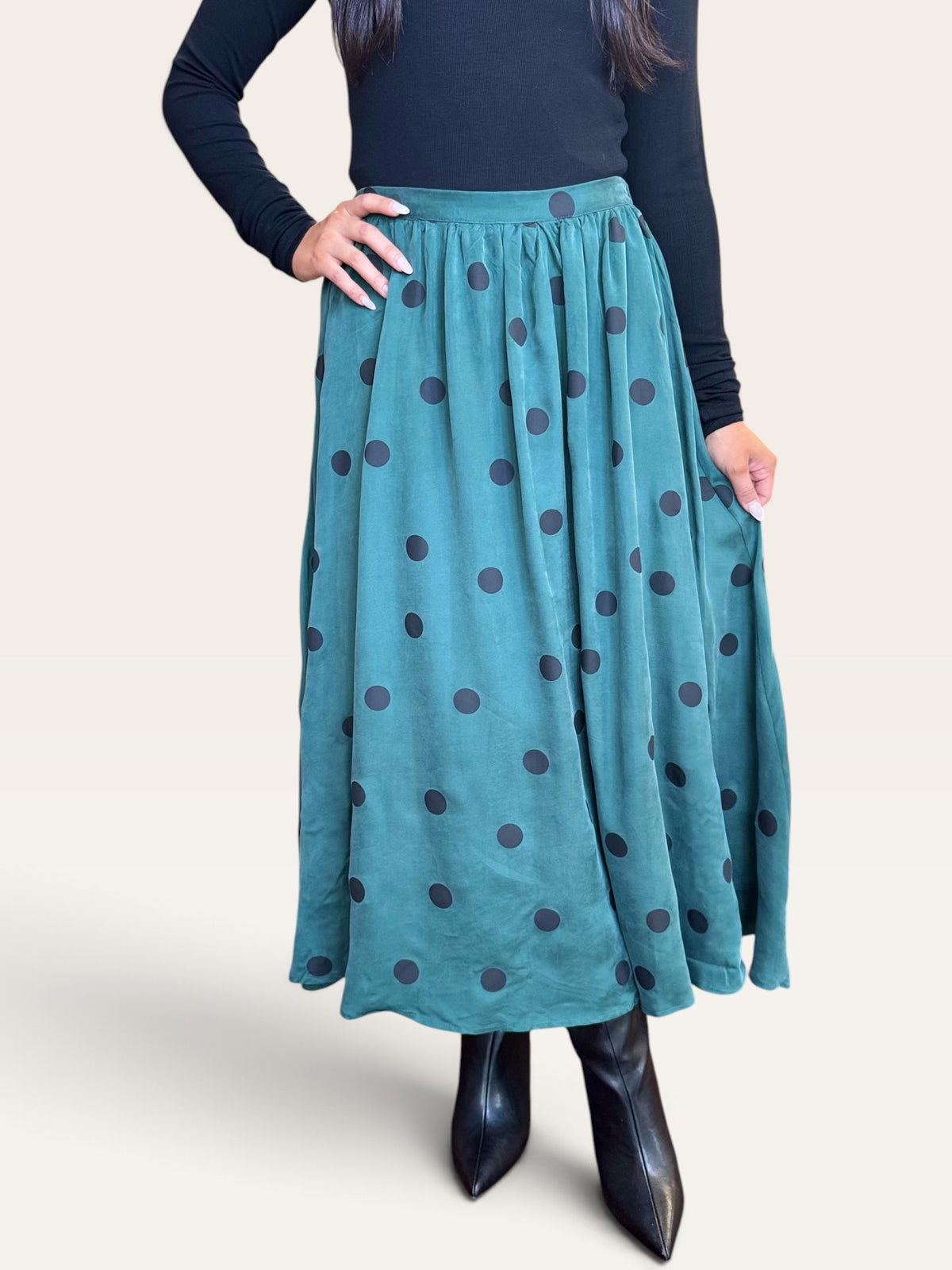 Teal Green Polka Dot Midi Skirt | Sadie & Sage Lined Swing Skirt