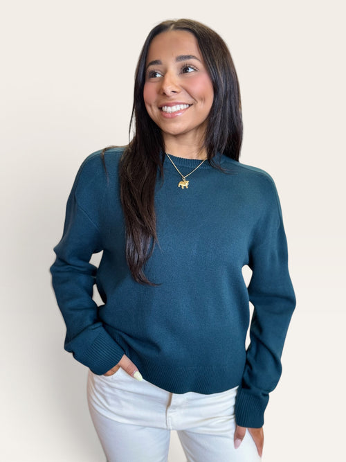 Deep teal oversized sweater front view