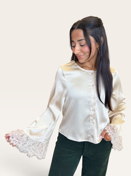 Sage The Label cream satin lace trim bell sleeve blouse