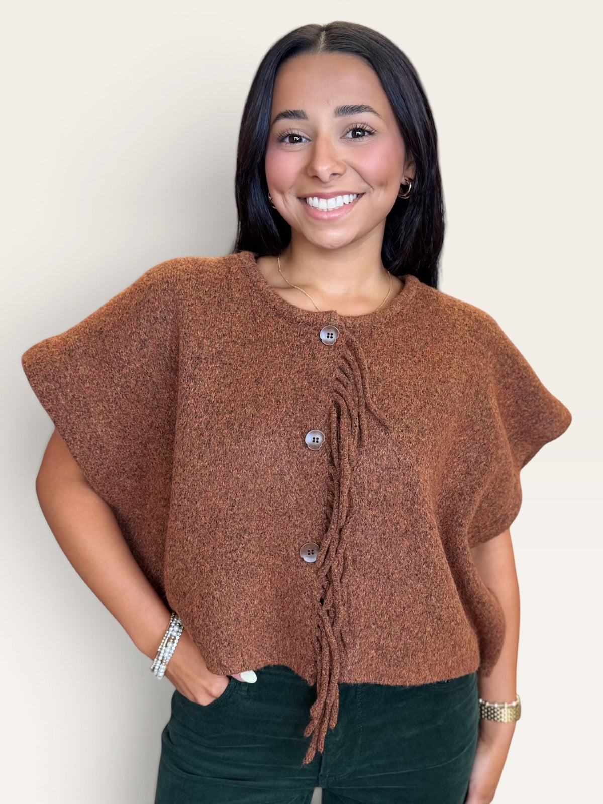 Sachi Cropped Sweater Vest in Bonfire | Kerisma Fringe Button Front Marled Knit