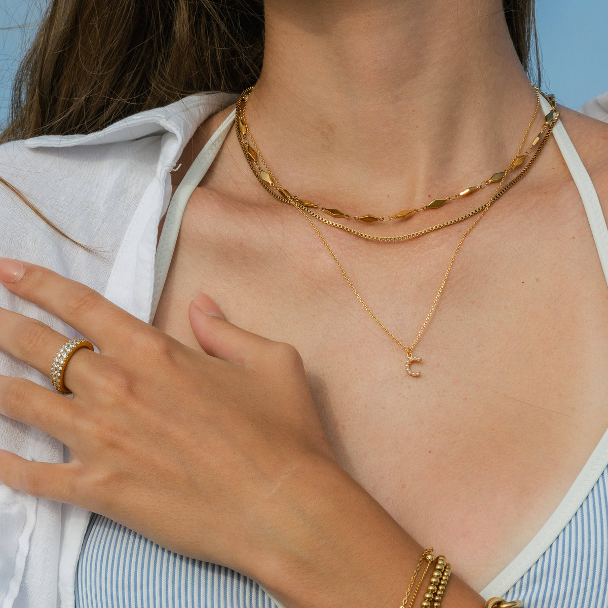 18K Gold Dainty Pearl Initial Pendant Necklace: 15" + 3" / S