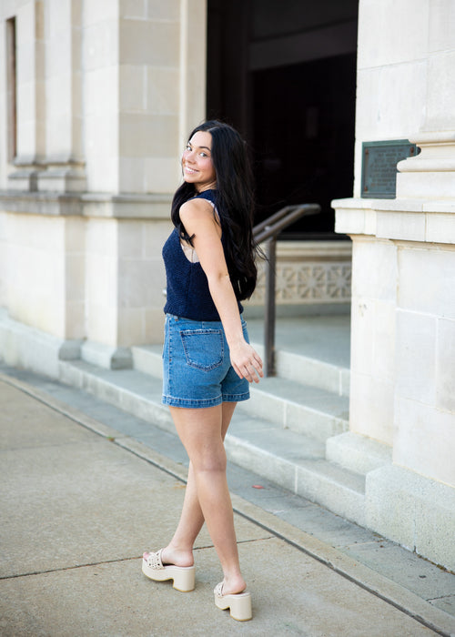Jane High Rise Denim Shorts with Wide Waistband | Medium Wash