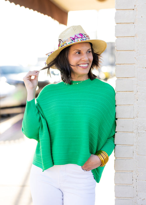 Aiko Green 3D Ribbed Mock Neck Cropped Top