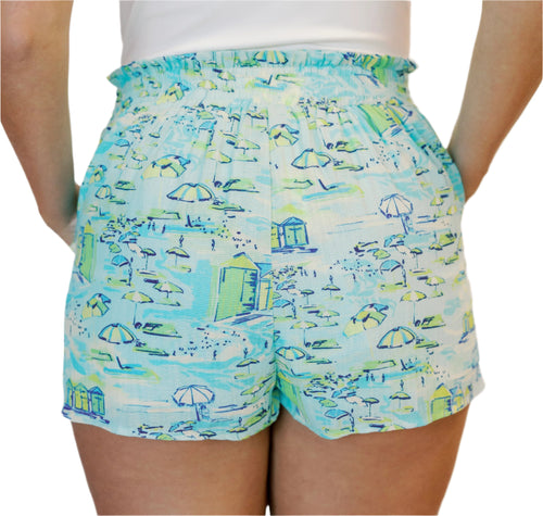 Azure Shoreline Hand Drawn Beachscape Print Pull On Short