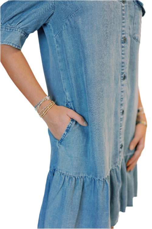 Bruna Retro Wide Cuff Short Sleeve Ruffle Hem Button Front Dress