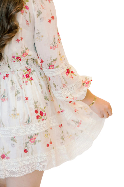 Josefina Floral Lace Panel Puff Sleeve Tiered Mini Dress