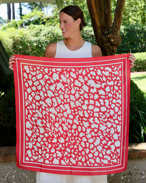Lawson large square leopard print scarf in red and white with bold pattern