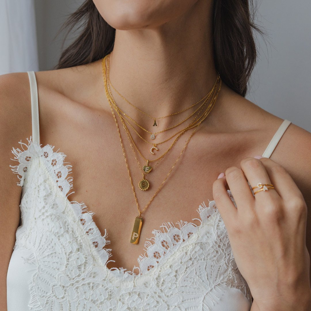 18K Gold Dainty Pearl Initial Pendant Necklace: 15" + 3" / S