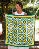 Barrett large square scarf with geometric tile print in green and gold with framed border
