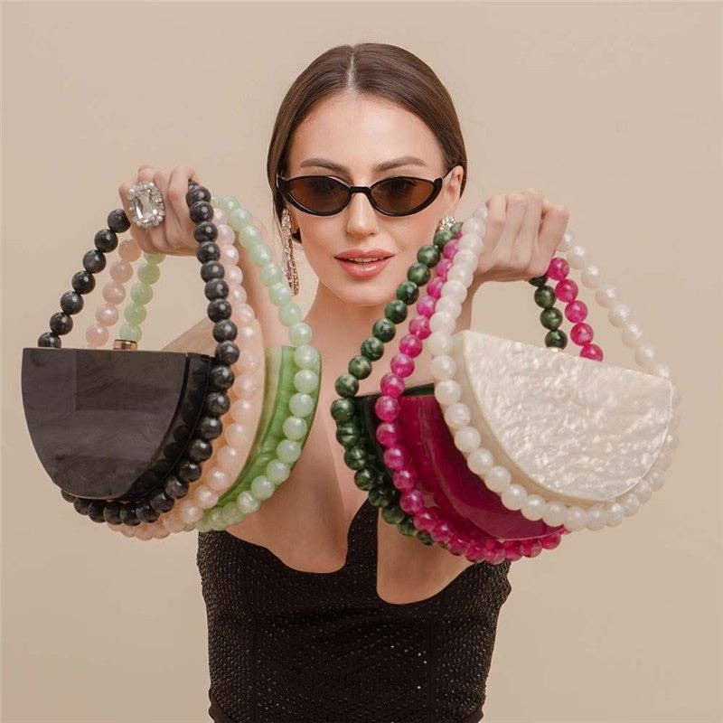 Pearlescent Acrylic Half Moon Beaded Evening Bag: Champagne