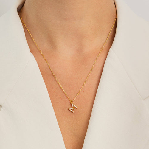 18K Gold Dainty Pearl Initial Pendant Necklace: 15" + 3" / S