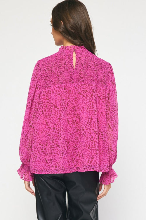 Magenta Leopard Print Smocked Ruffle Neck Balloon Sleeve Top